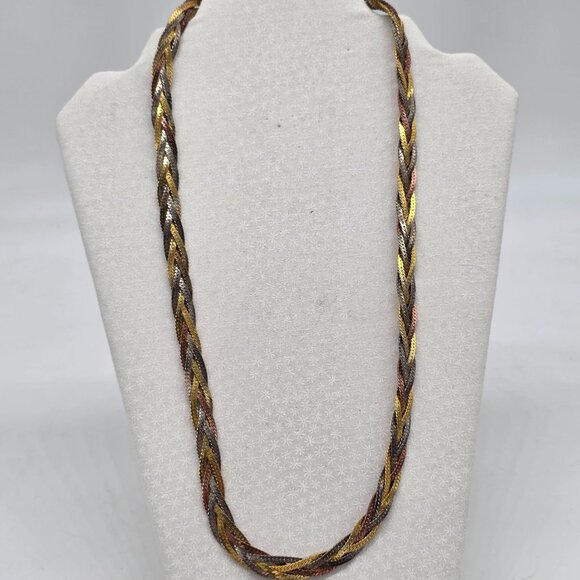 Tri-Color Braided Necklace With Silver/Gold/Copper-Tone Twist Barrel Clasp - Picture 1 of 6